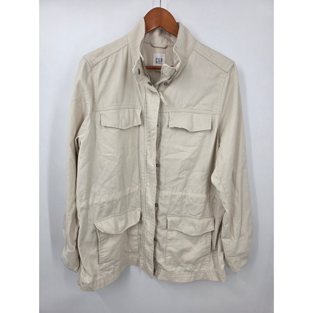 GAP Womens Utility Field Jacket Cream Cotton Zip Snap Drawstring Waist Size L